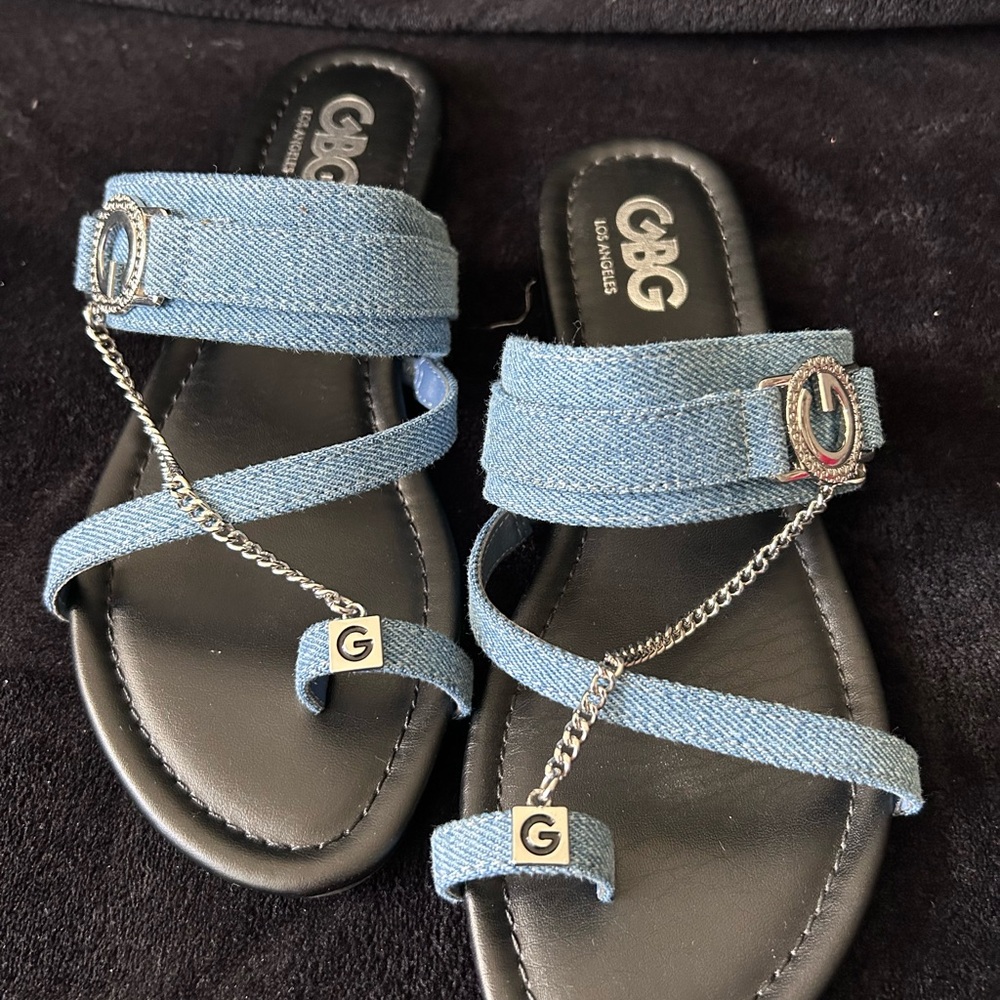 G by Guess Light Blue Denim Chain-Accent Slide Sandals